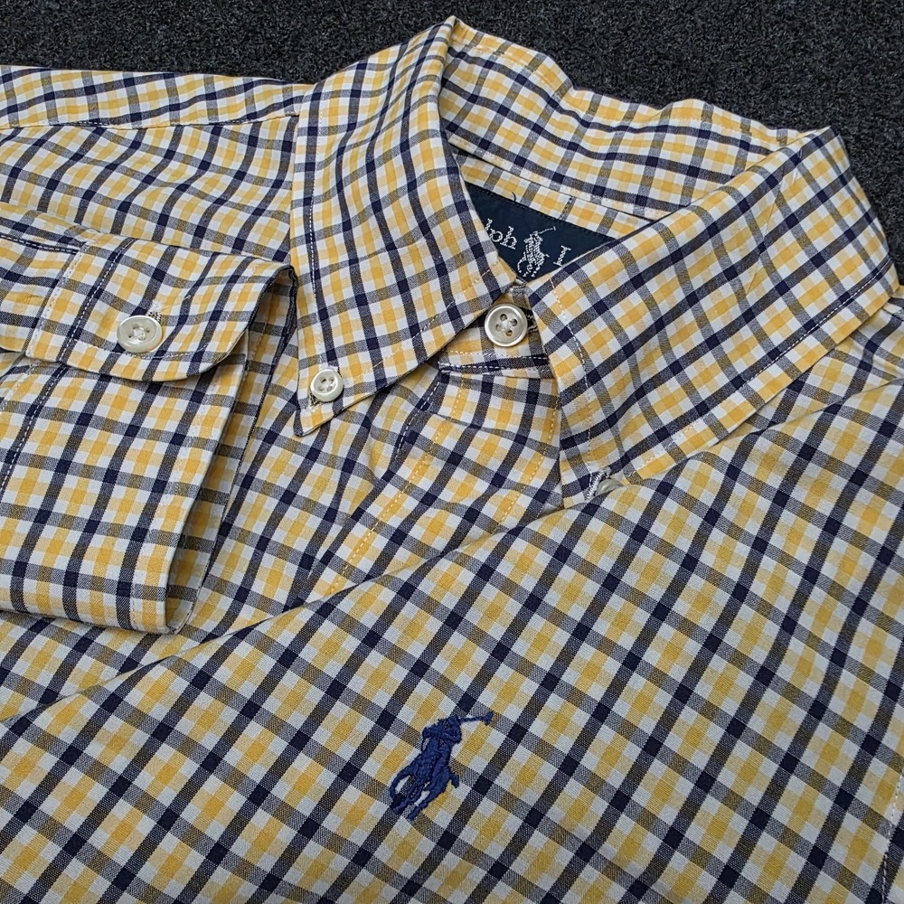 Ralph Lauren Men's Medium Custom Fit Yellow Blue Plaid Button Down Shirt